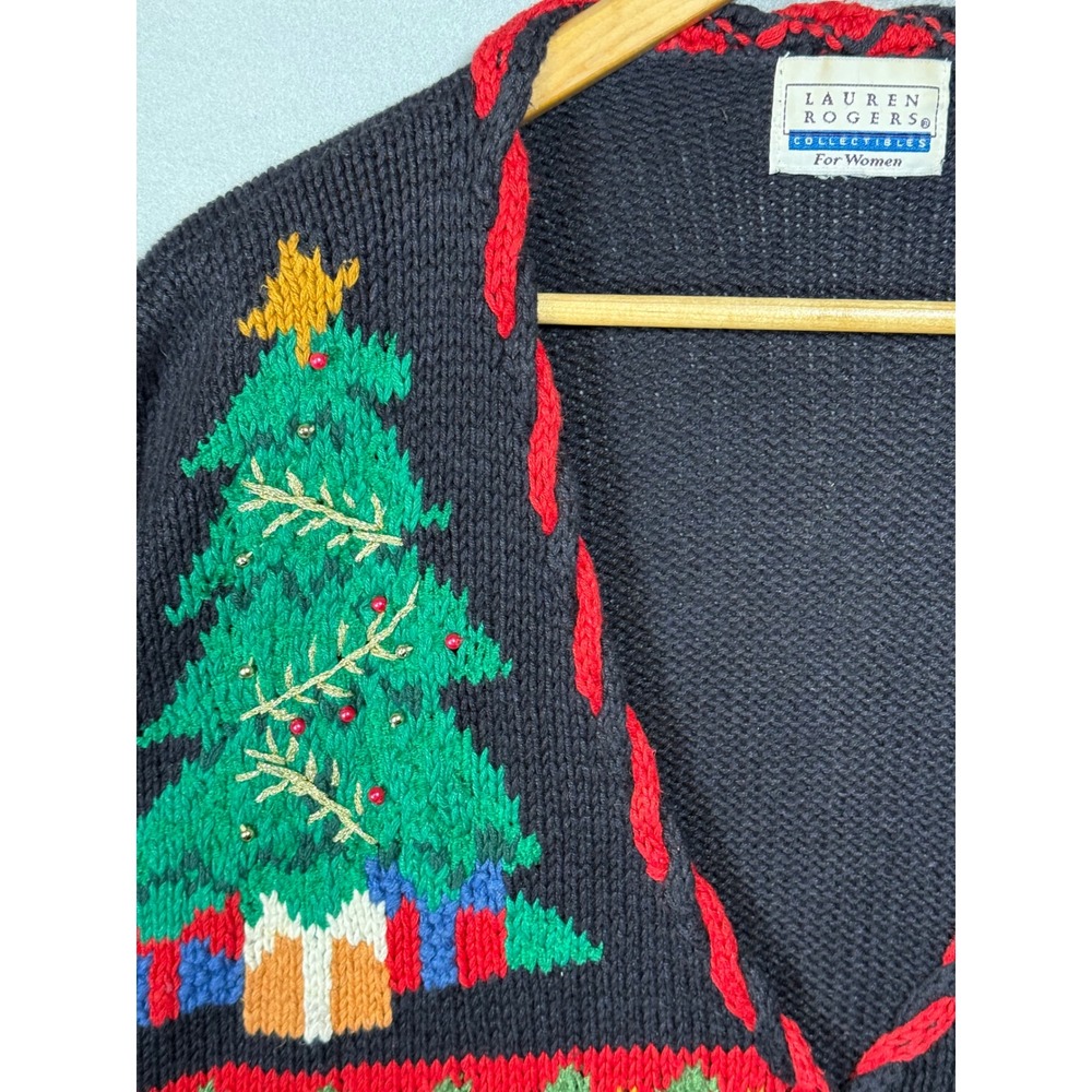 VTG Lauren Rogers Christmas Cardigan Sweater Black Knit Holiday Sleigh Tree 90's - Picture 6 of 11